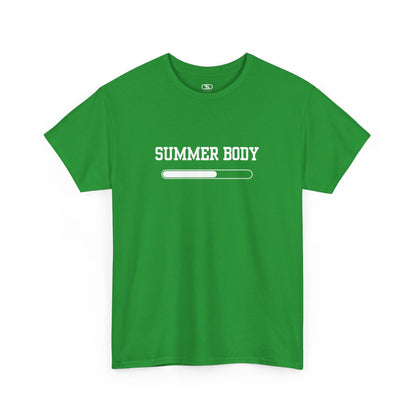 An Irish green t-shirt with a loading bar and “Summer Body” on the front and “I left my summer body at home I prefer not to show off” on the back.