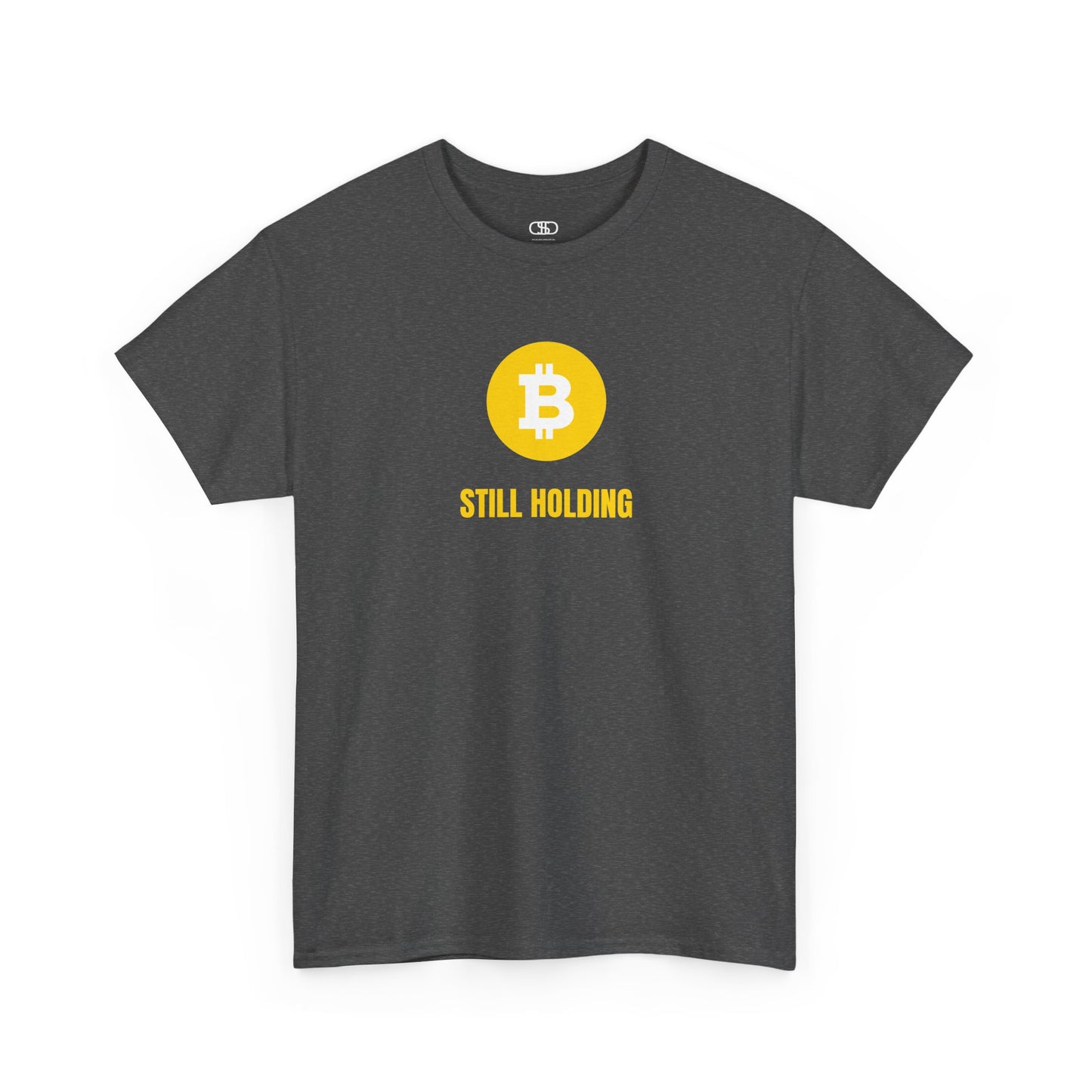 A dark heather  T-shirt with a Bitcoin emblem and "Still Holding" text in gold.
