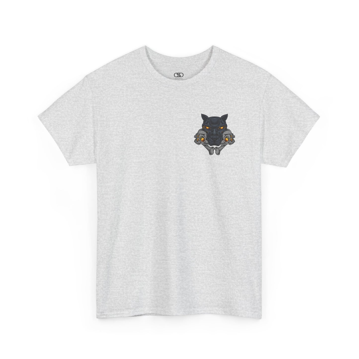 An ash gray T-shirt with a daring dog graphic biting two skulls, all with glowing molten lava-like eyes.