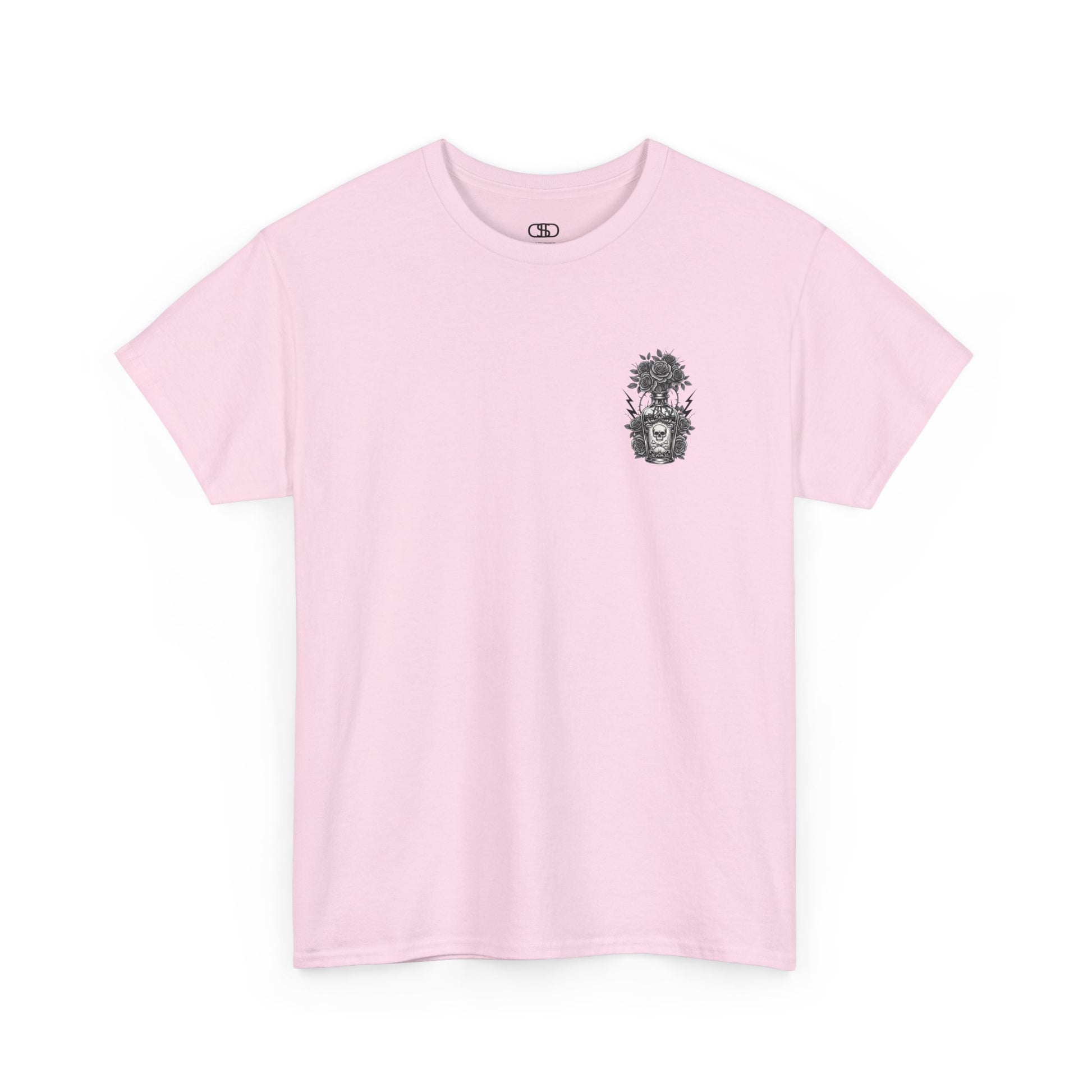 A light pink t-shirt with a skull and crossbones vase filled with roses and the words “Surviving Purely Out of Spite” in a gothic font.