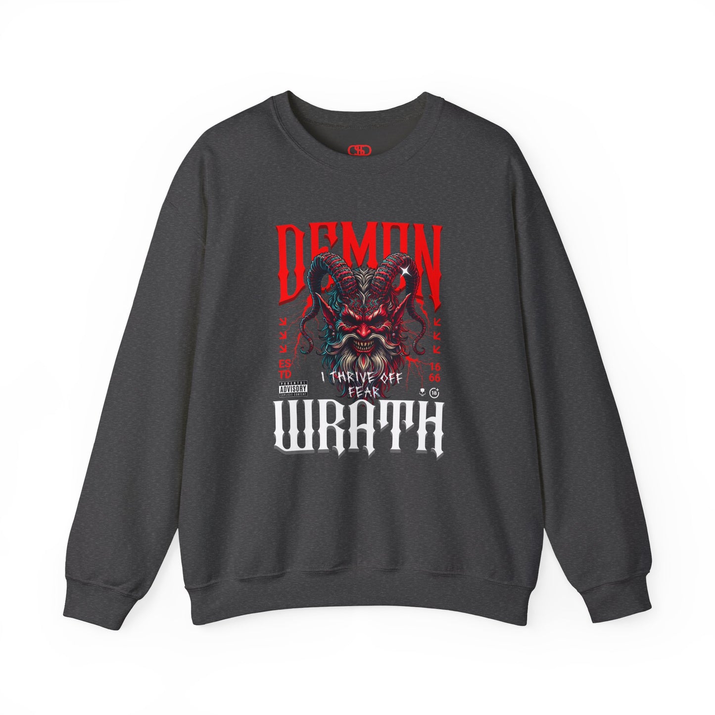A heather gray sweater featuring a Red horned demon head with "Demon Wrath" text and lightning, gothic horror apparel design.