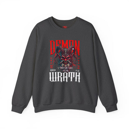 A heather gray sweater featuring a Red horned demon head with "Demon Wrath" text and lightning, gothic horror apparel design.