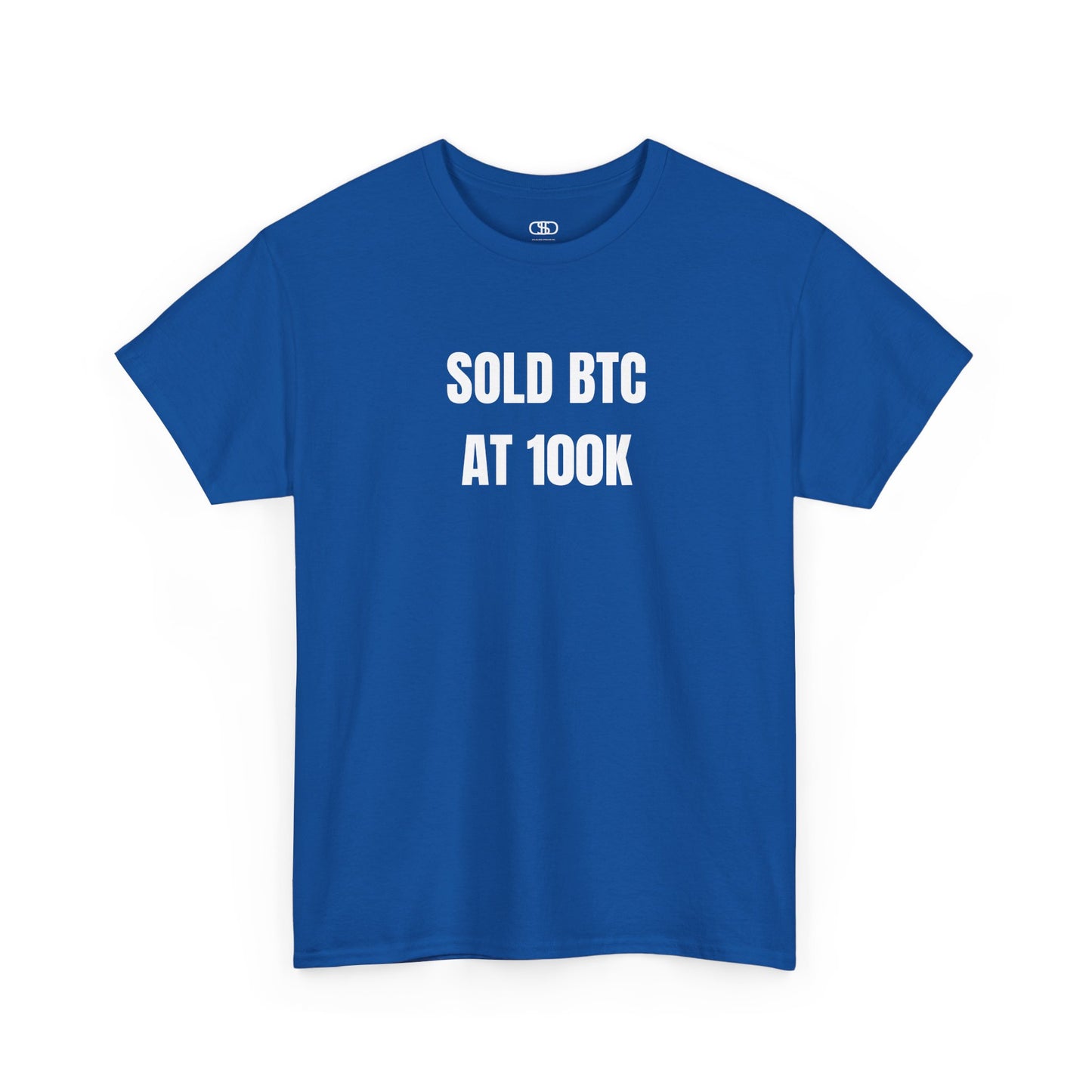 A Royal Blue T-shirt with bold text "SOLD BTC At 100K" on the front.