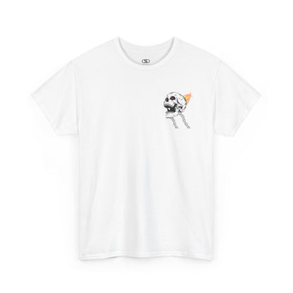 White T-shirt with a daring skeleton graphic, red glowing eye, chains forming wings, and a flame background