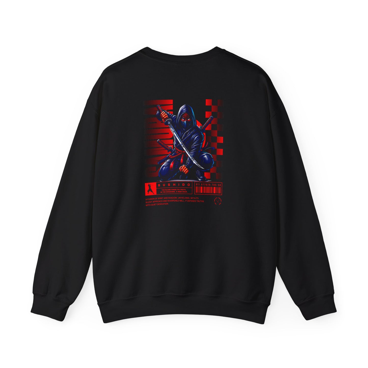 A black sweatshirt featuring a Crouching ninja with two katanas and "Bushido" text, red and black Japanese-inspired sweatshirt design.