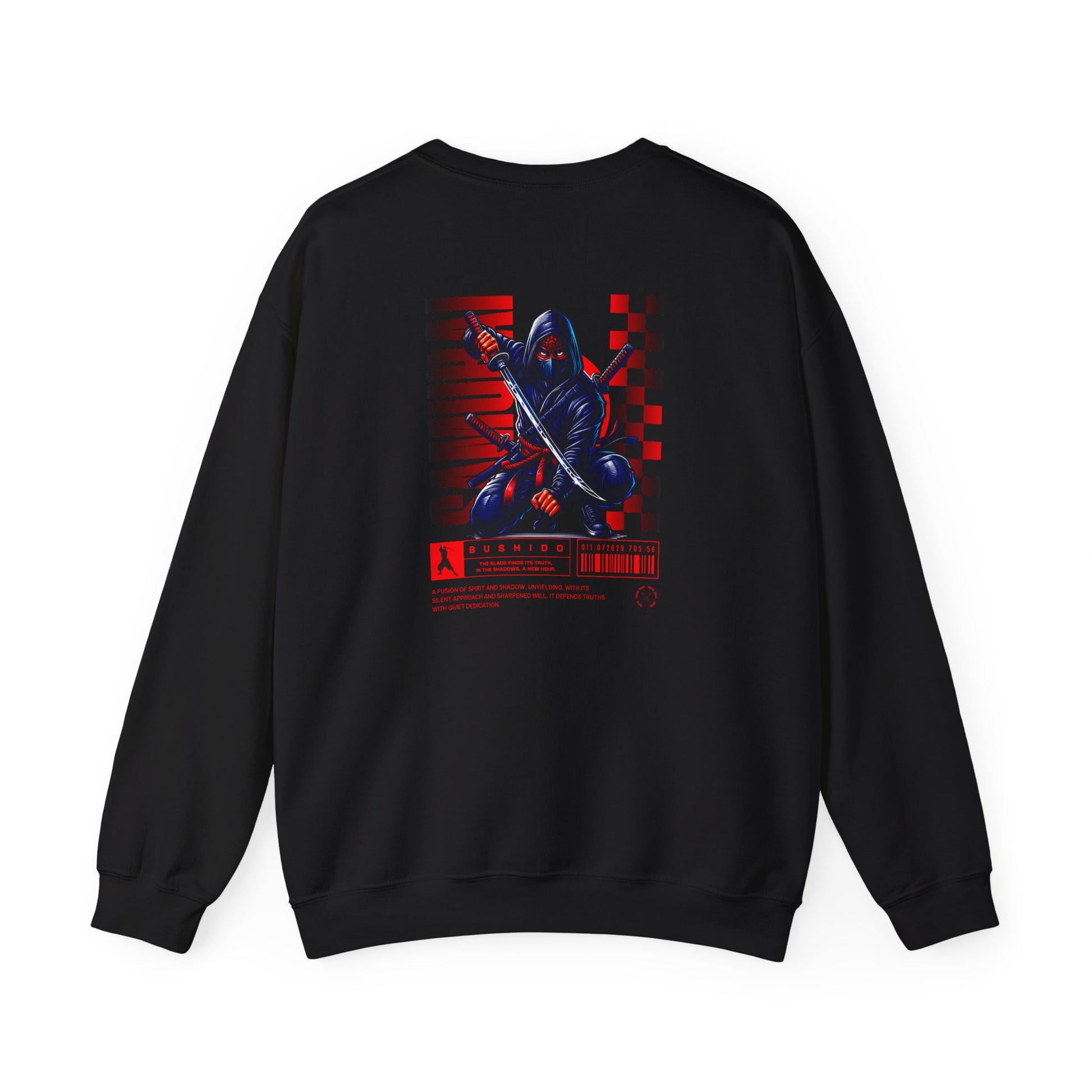 A black sweatshirt featuring a Crouching ninja with two katanas and "Bushido" text, red and black Japanese-inspired sweatshirt design.