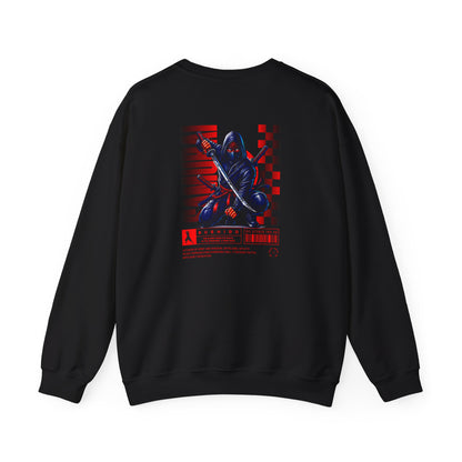 A black sweatshirt featuring a Crouching ninja with two katanas and "Bushido" text, red and black Japanese-inspired sweatshirt design.