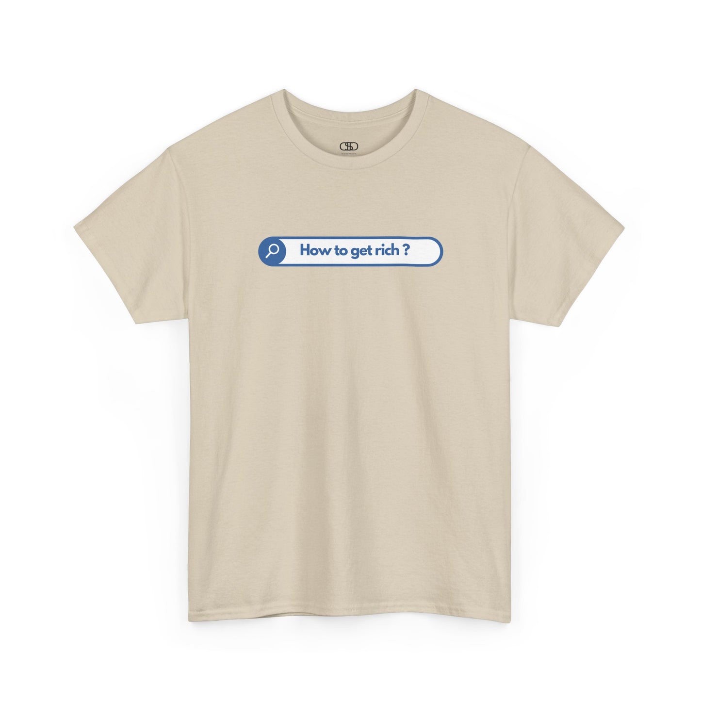 A sand colored t-shirt with a search bar graphic and the text "How to get rich?" on a white background