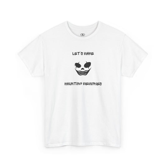 A WHITE T-shirt with a daring clown graphic with sharp teeth and scars, and "Let’s Make Haunting Memories" text.