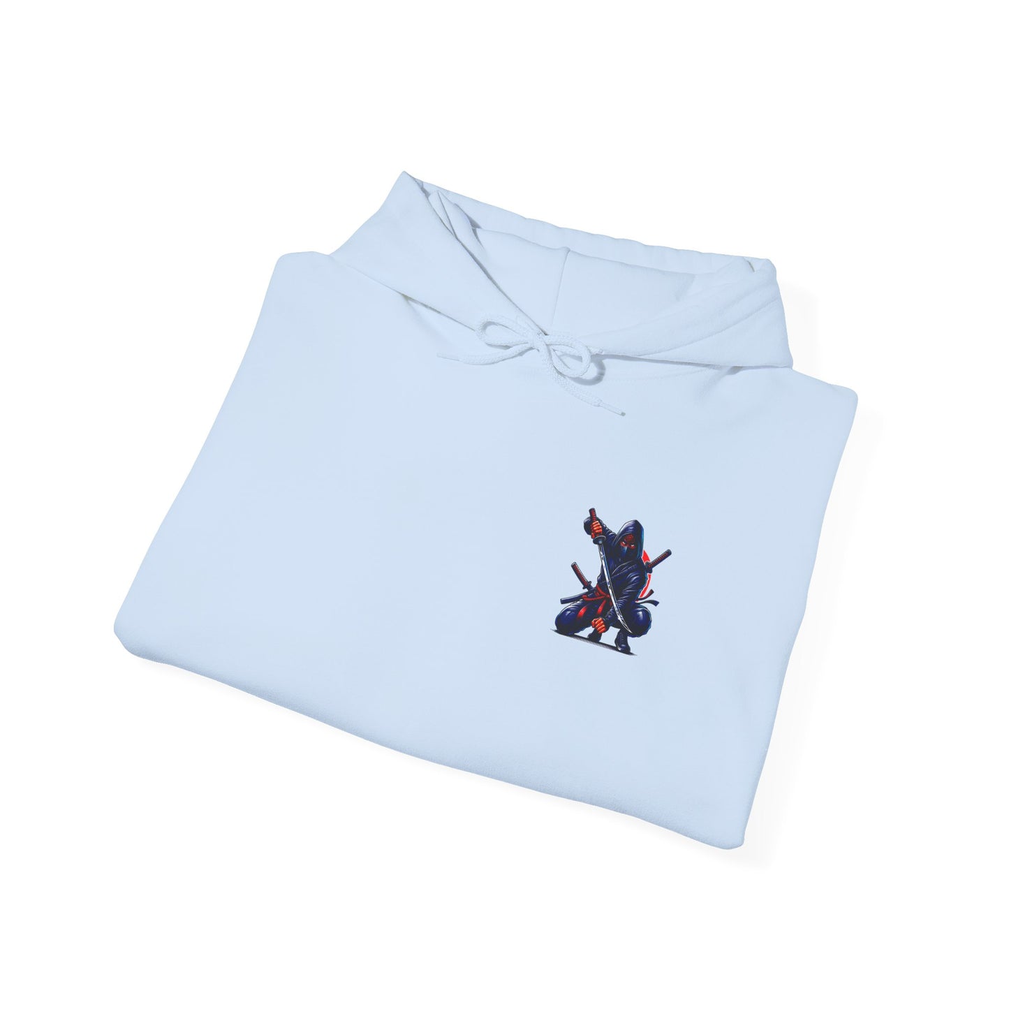 A folded light blue hoodie featuring a Crouching ninja with two katanas and "Bushido" text, red and black Japanese-inspired hoodie design.