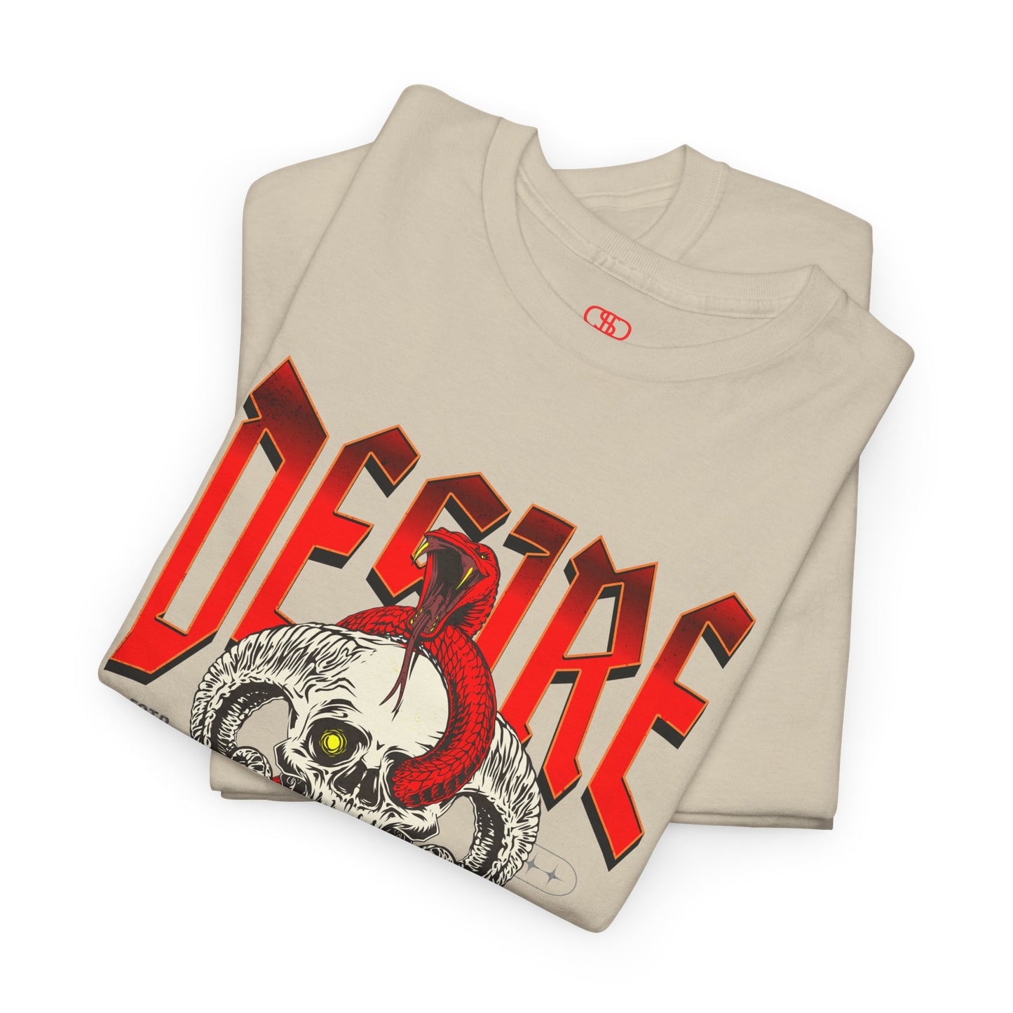 A folded sand t-shirt featuring a Horned skull with glowing eye and red snake wrapped around it, "Desire Death's Touch" text, gothic t-shirt design.