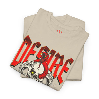 A folded sand t-shirt featuring a Horned skull with glowing eye and red snake wrapped around it, "Desire Death's Touch" text, gothic t-shirt design.