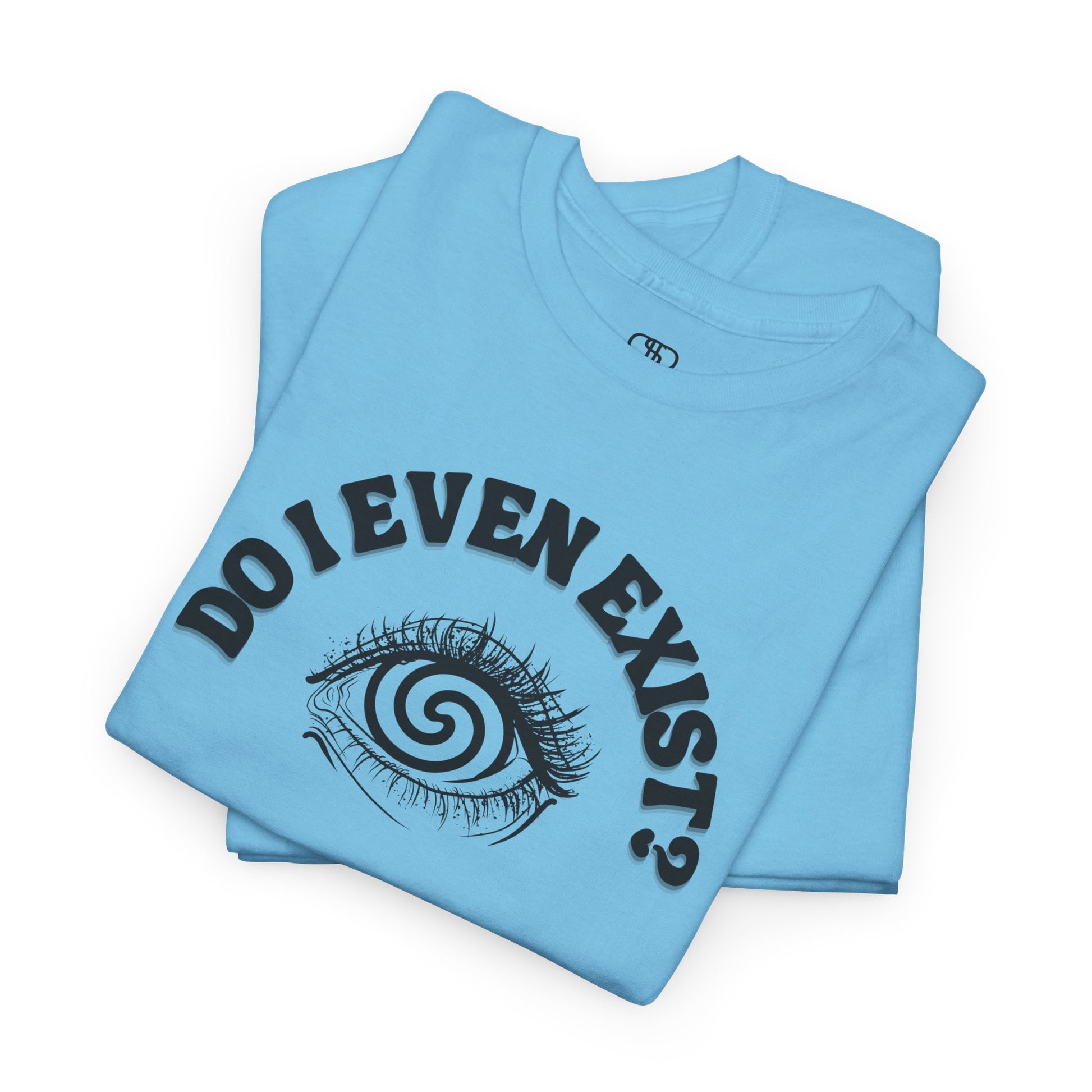 Folded Light Blue T-shirt with an eyeball and a mind-bending optical illusion and the text "Do I even exist?"
