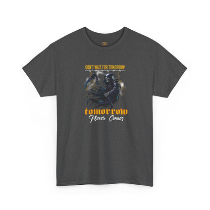 A heather gray t-shirt featuring a Grim Reaper holding scythe with "Don't Wait For Tomorrow Tomorrow Never Comes" text, dark gothic t-shirt design.