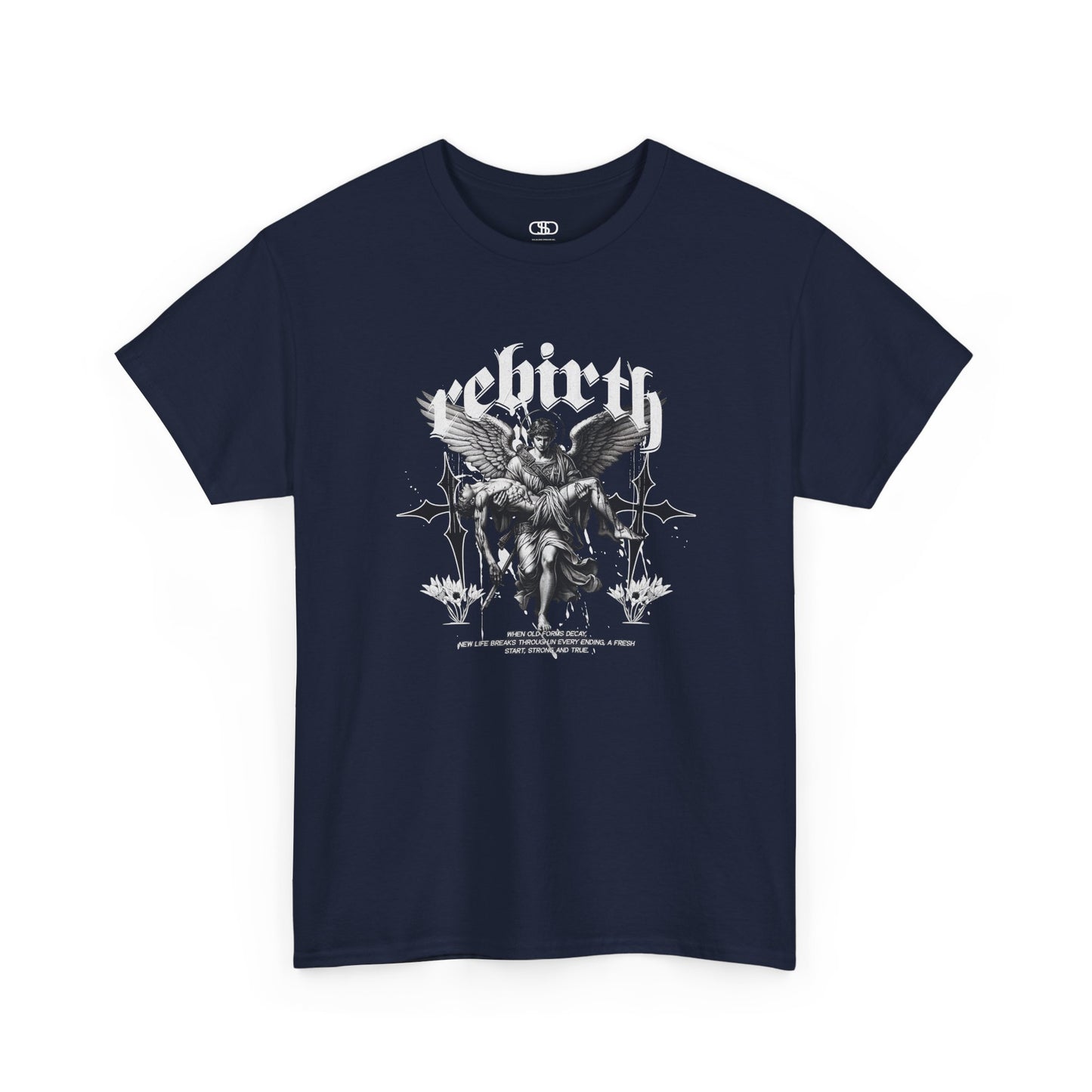 A navy T-shirt featuring a Angel carrying a figure with "Rebirth" text, white and black gothic spiritual art t-shirt.