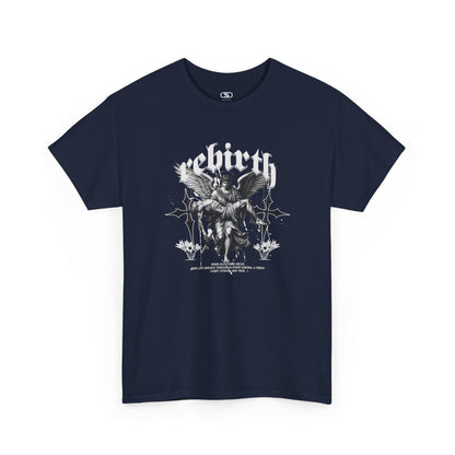 A navy T-shirt featuring a Angel carrying a figure with "Rebirth" text, white and black gothic spiritual art t-shirt.