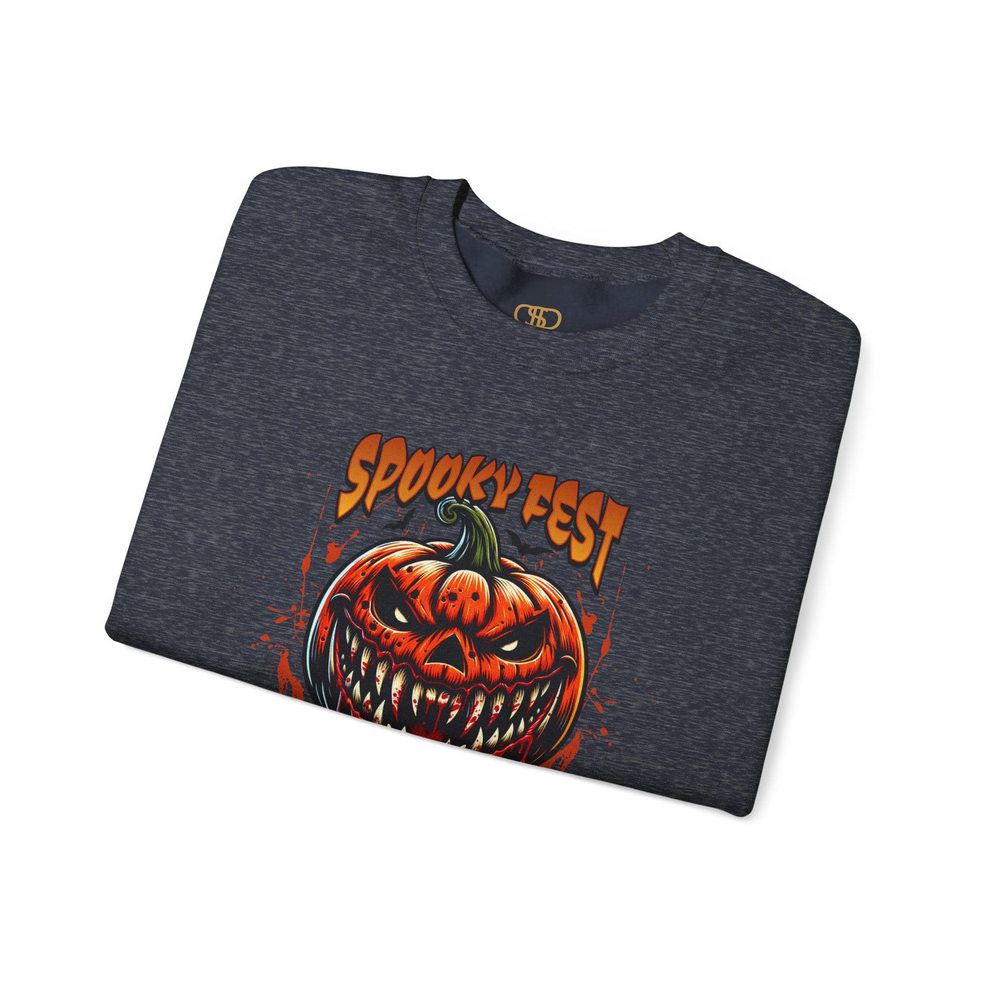 A folded sweater featuring a Scary fanged jack-o'-lantern with "Spooky Fest Halloween Your Soul Now Belongs To Me!" text, orange and black horror sweatshirt.
