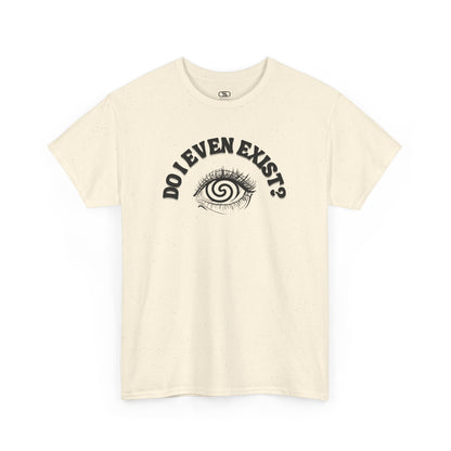 T-shirt with an eyeball and a mind-bending optical illusion and the text "Do I even exist?"