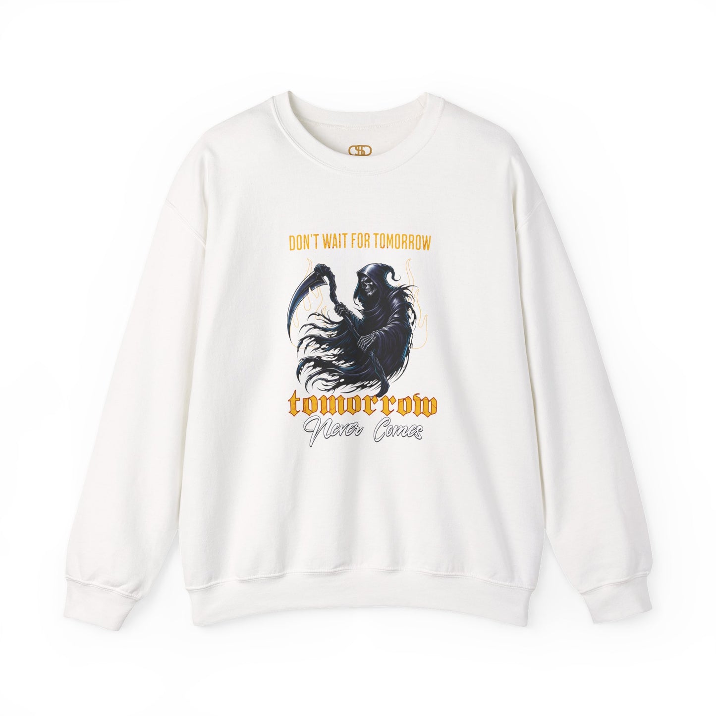 A white sweatshirt featuring a Grim Reaper holding scythe with "Don't Wait For Tomorrow Tomorrow Never Comes" text, dark gothic sweatshirt design.