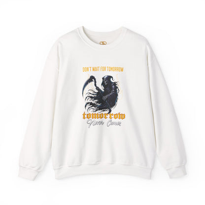 A white sweatshirt featuring a Grim Reaper holding scythe with "Don't Wait For Tomorrow Tomorrow Never Comes" text, dark gothic sweatshirt design.
