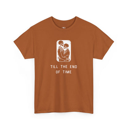 A t-shirt featuring a detailed print of two skeletons embracing in a hug with the text 'till the end of time' below them.
