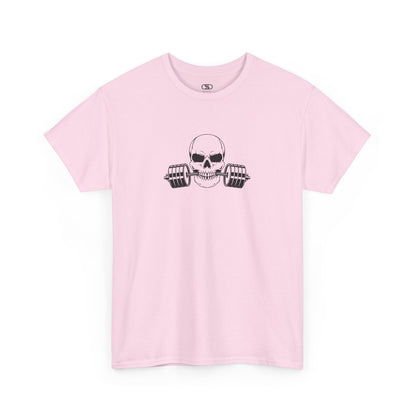 A light Pink t-shirt with a skull and barbell graphic on a white background