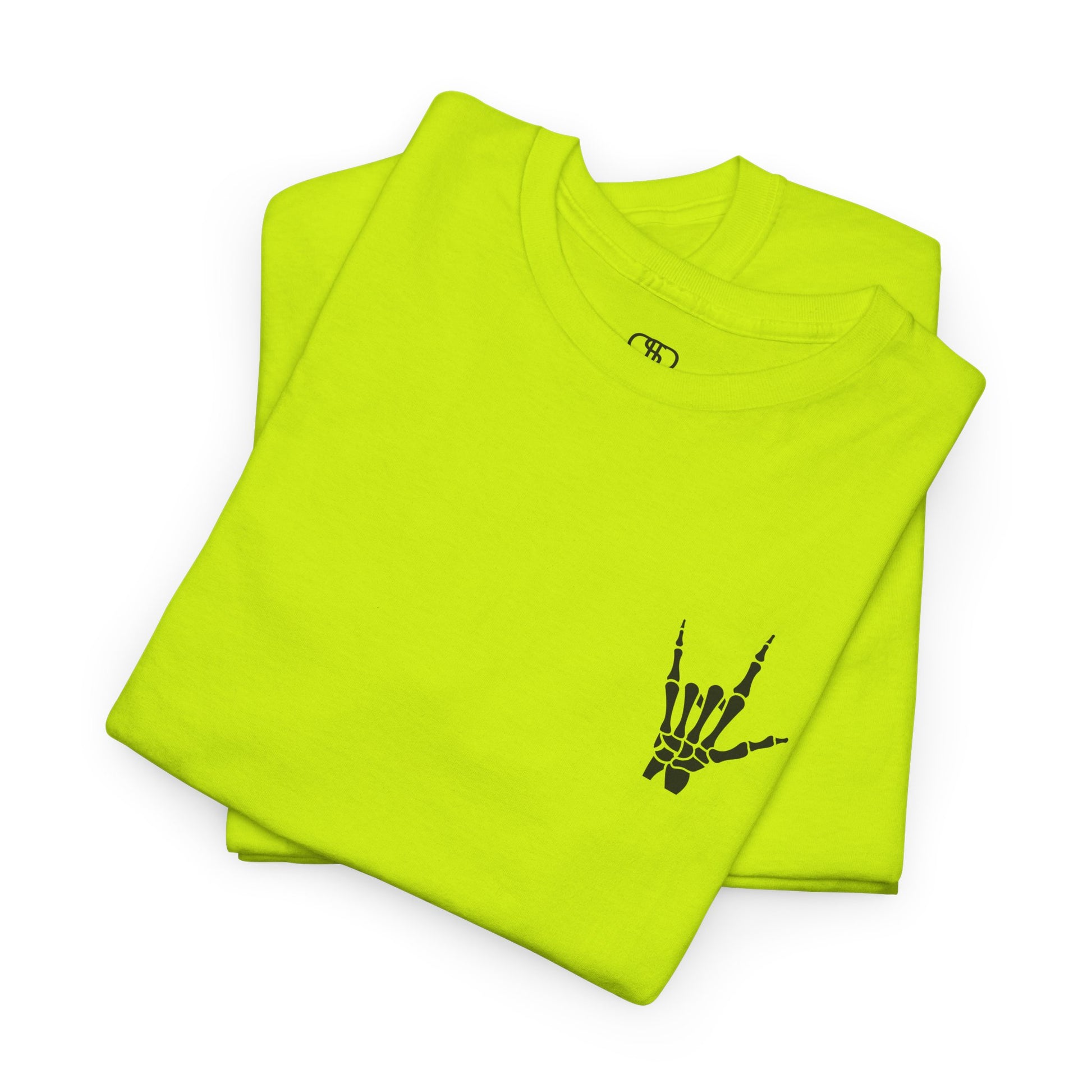 A FODLED SAFETY GREEN t-shirt with small rock hand symbol on front, and "Rules.. Never Heard of Them" graffiti text on the back.