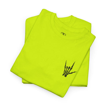 A FODLED SAFETY GREEN t-shirt with small rock hand symbol on front, and "Rules.. Never Heard of Them" graffiti text on the back.