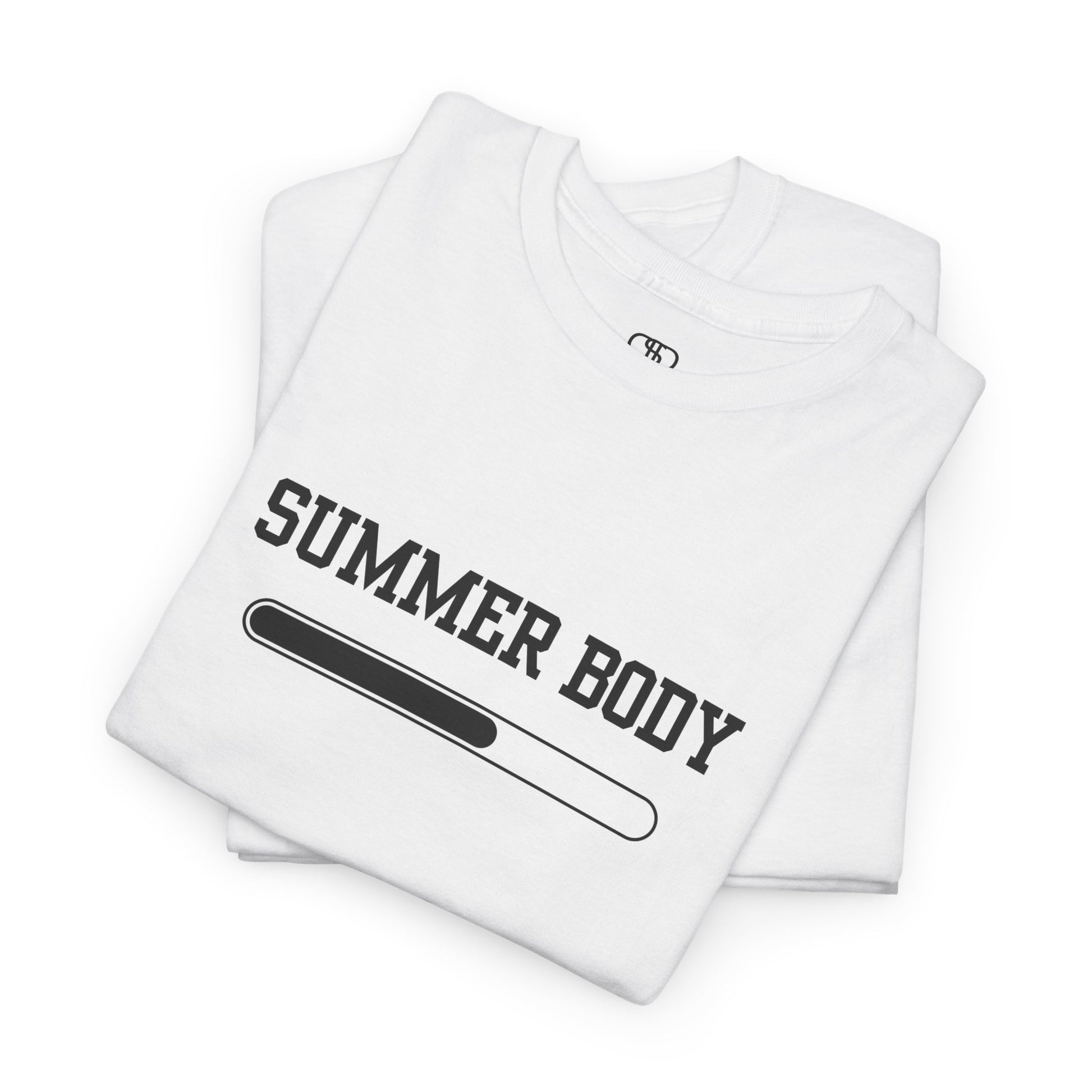 A folded white t-shirt with a loading bar and “Summer Body” on the front and “I left my summer body at home I prefer not to show off” on the back.