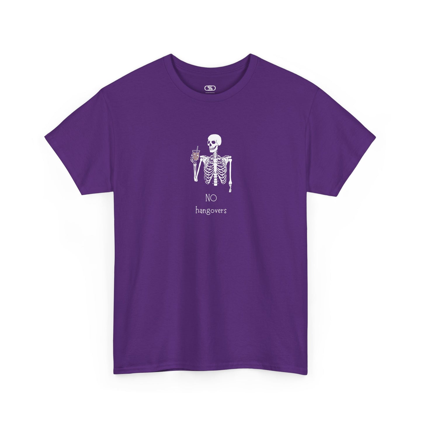 A purple  T-shirt with a skeleton holding a drink graphic and "No Hangovers" text.