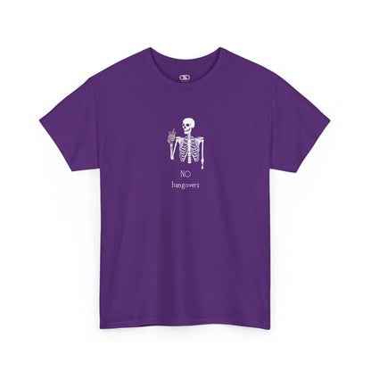 A purple  T-shirt with a skeleton holding a drink graphic and "No Hangovers" text.