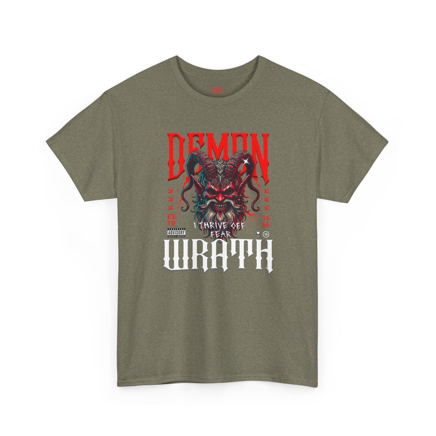 A heather military green t-shirt featuring a Red horned demon head with "Demon Wrath" text and lightning, gothic horror t-shirt design