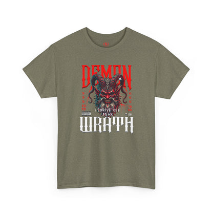 A heather military green t-shirt featuring a Red horned demon head with "Demon Wrath" text and lightning, gothic horror t-shirt design