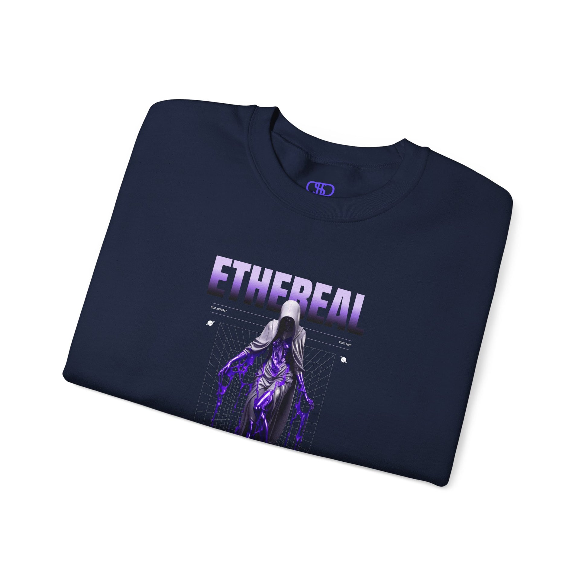 A folded navy sweater with a glowing purple ethereal ghostly figure in a robe, surrounded by mystic violet liquid and "Ethereal" text.