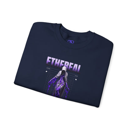 A folded navy sweater with a glowing purple ethereal ghostly figure in a robe, surrounded by mystic violet liquid and "Ethereal" text.