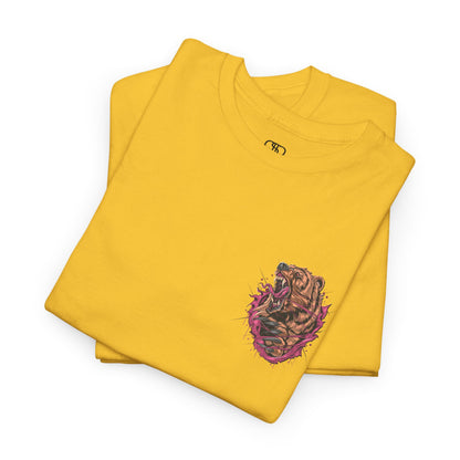 A folded daisy yellow T-shirt with a graphic of a raging bear ripping through the fabric, growling, with claws out and red eyes.