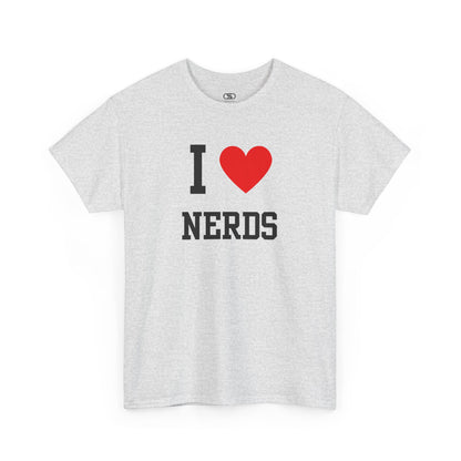 Gray t-shirt with 'I ❤️ NERDS' text on a white background
