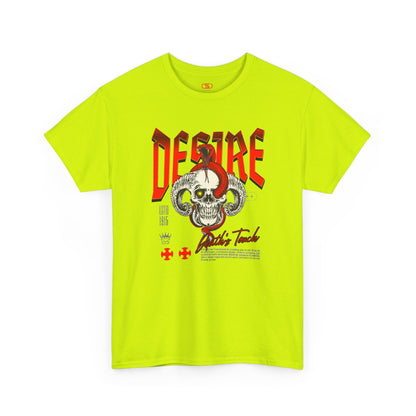 A safety green t-shirt featuring a Horned skull with glowing eye and red snake wrapped around it, "Desire Death's Touch" text, gothic t-shirt design.