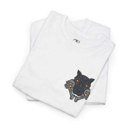 A folded White T-shirt with a daring dog graphic biting two skulls, all with glowing molten lava-like eyes.