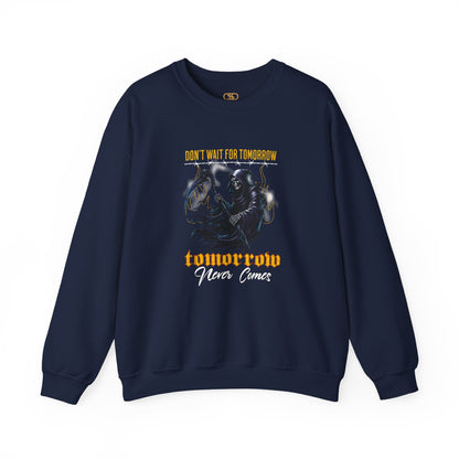 A Navy Blue sweatshirt featuring a Grim Reaper holding scythe with "Don't Wait For Tomorrow Tomorrow Never Comes" text, dark gothic sweatshirt design.