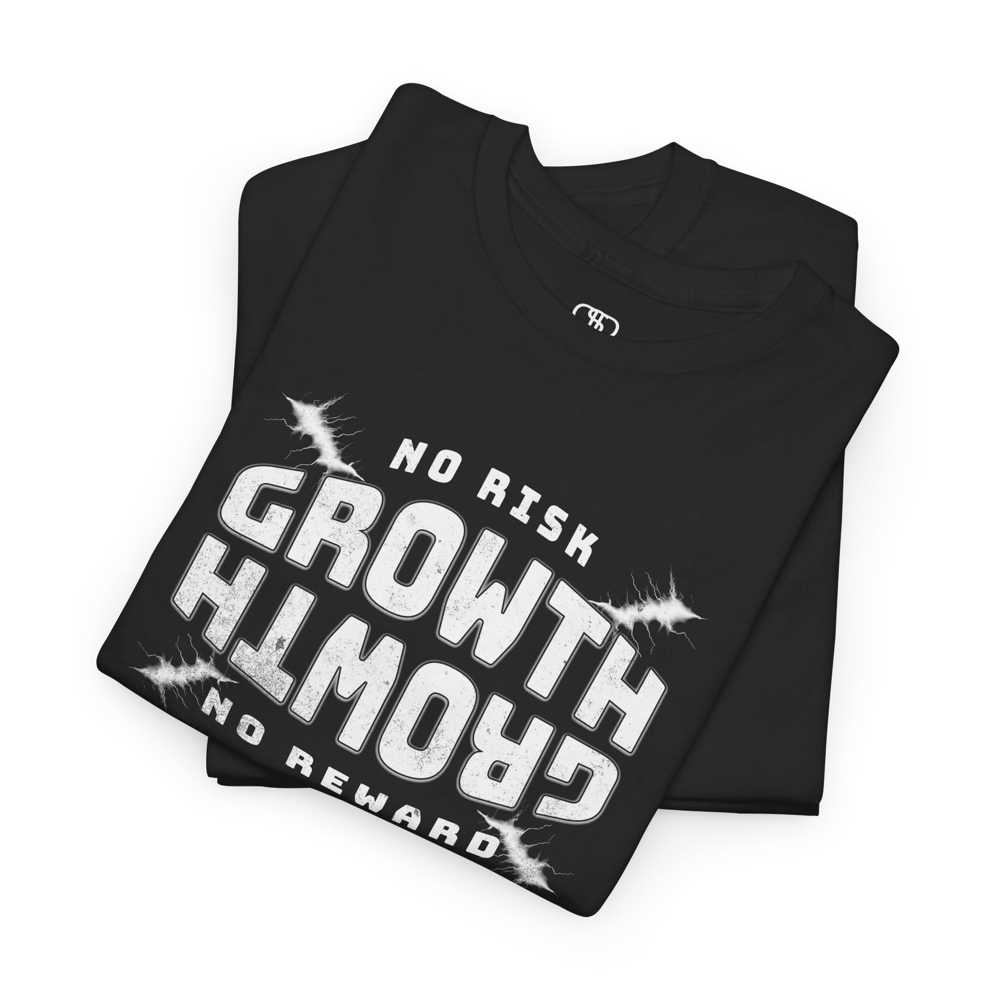 A folded black distressed t-shirt "No Risk Growth No Reward" text on black t-shirt with splatters.