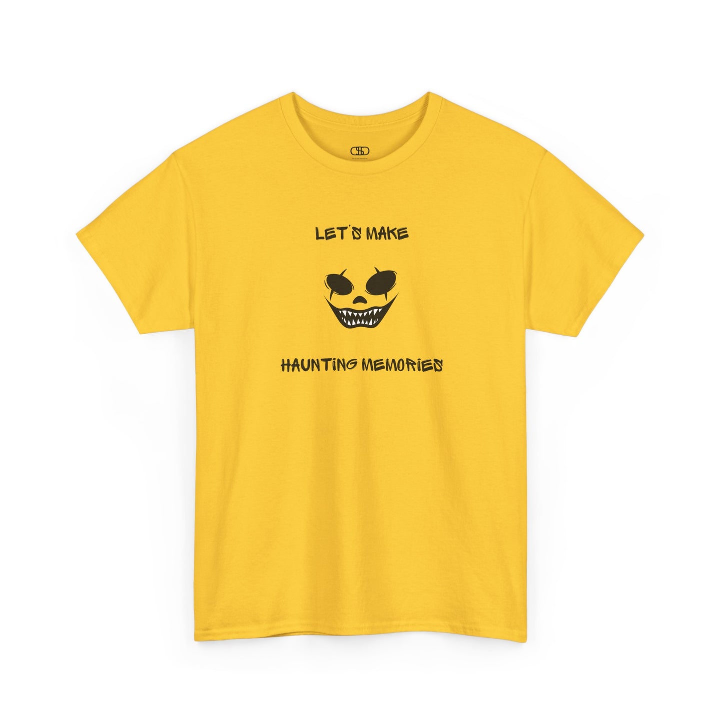 A Daisy yellow T-shirt with a daring clown graphic with sharp teeth and scars, and "Let’s Make Haunting Memories" text.