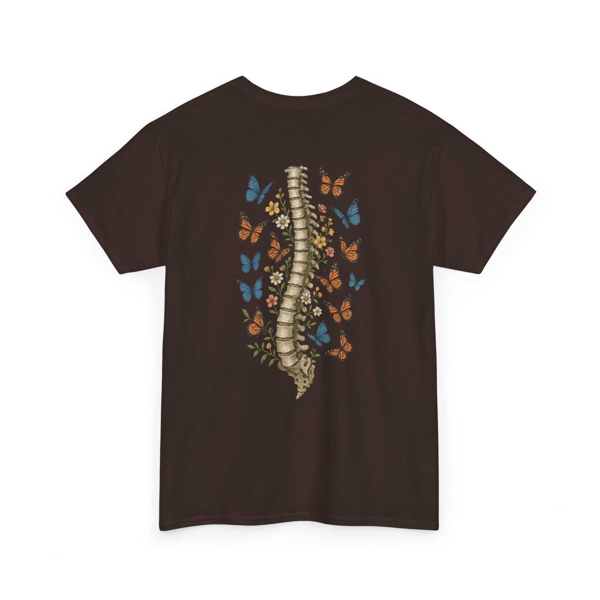 A dark brown t-shirt with "Grow Through It" and a butterfly on the front and a design of a spine with vines, flowers, and butterflies on the back.