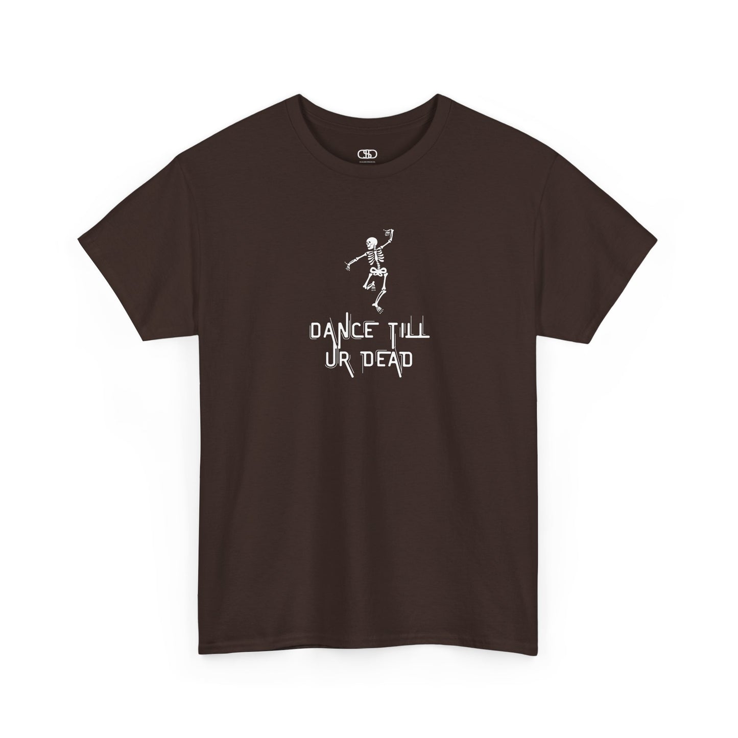 T-shirt with a dancing skeleton graphic and "Dance Till Ur Dead" text in a creative font.
