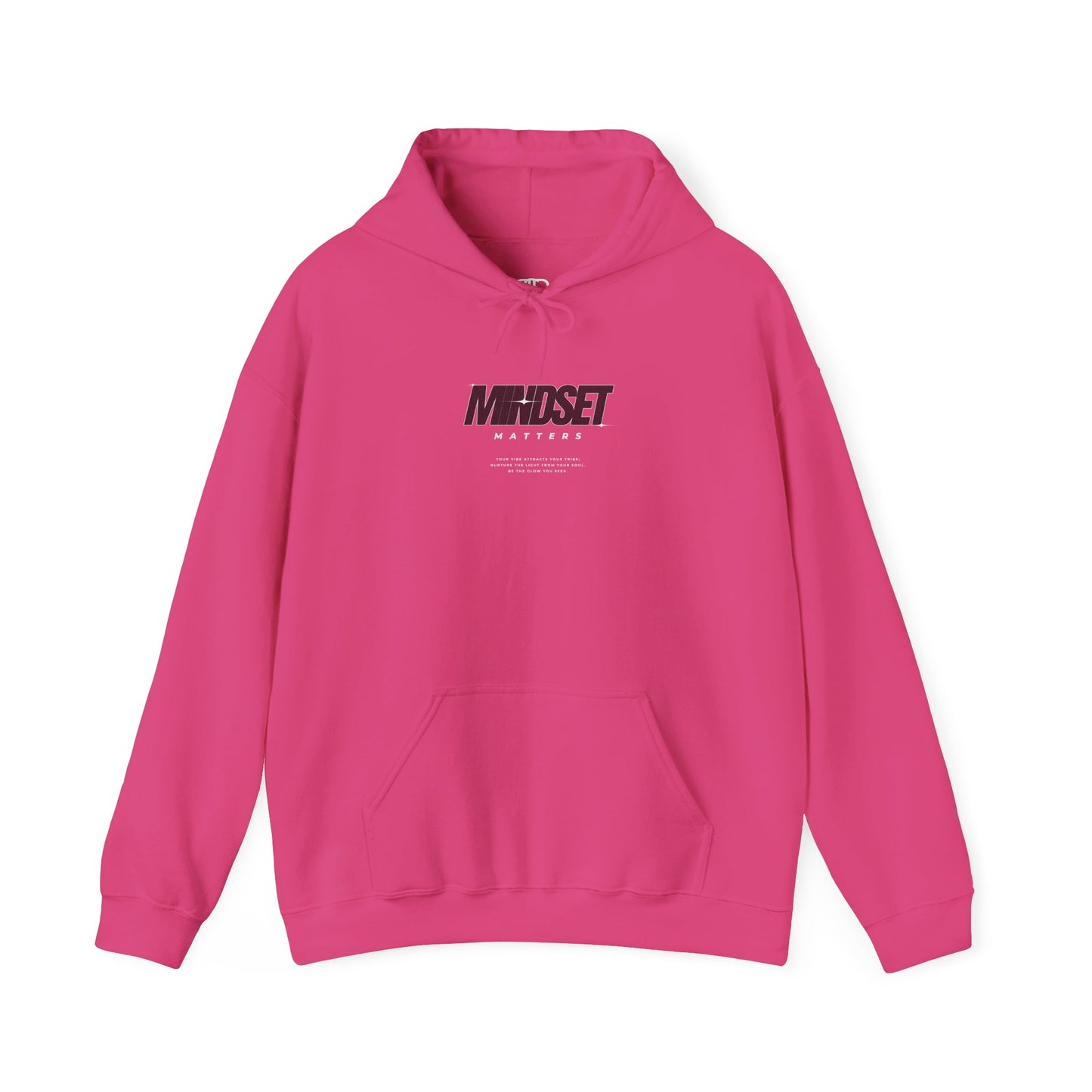 A pink  hoodie "Mindset Matters" text with stars on hoodie, with an inspirational quote below.