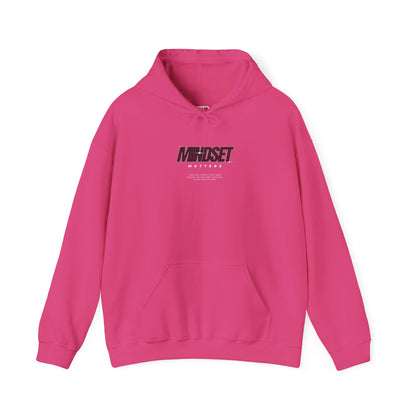A pink  hoodie "Mindset Matters" text with stars on hoodie, with an inspirational quote below.