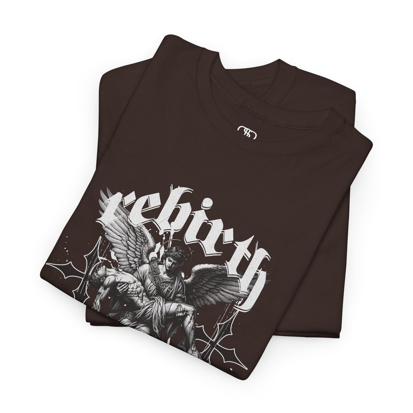 A folded dark brown T-shirt featuring a Angel carrying a figure with "Rebirth" text, white and black gothic spiritual art t-shirt.