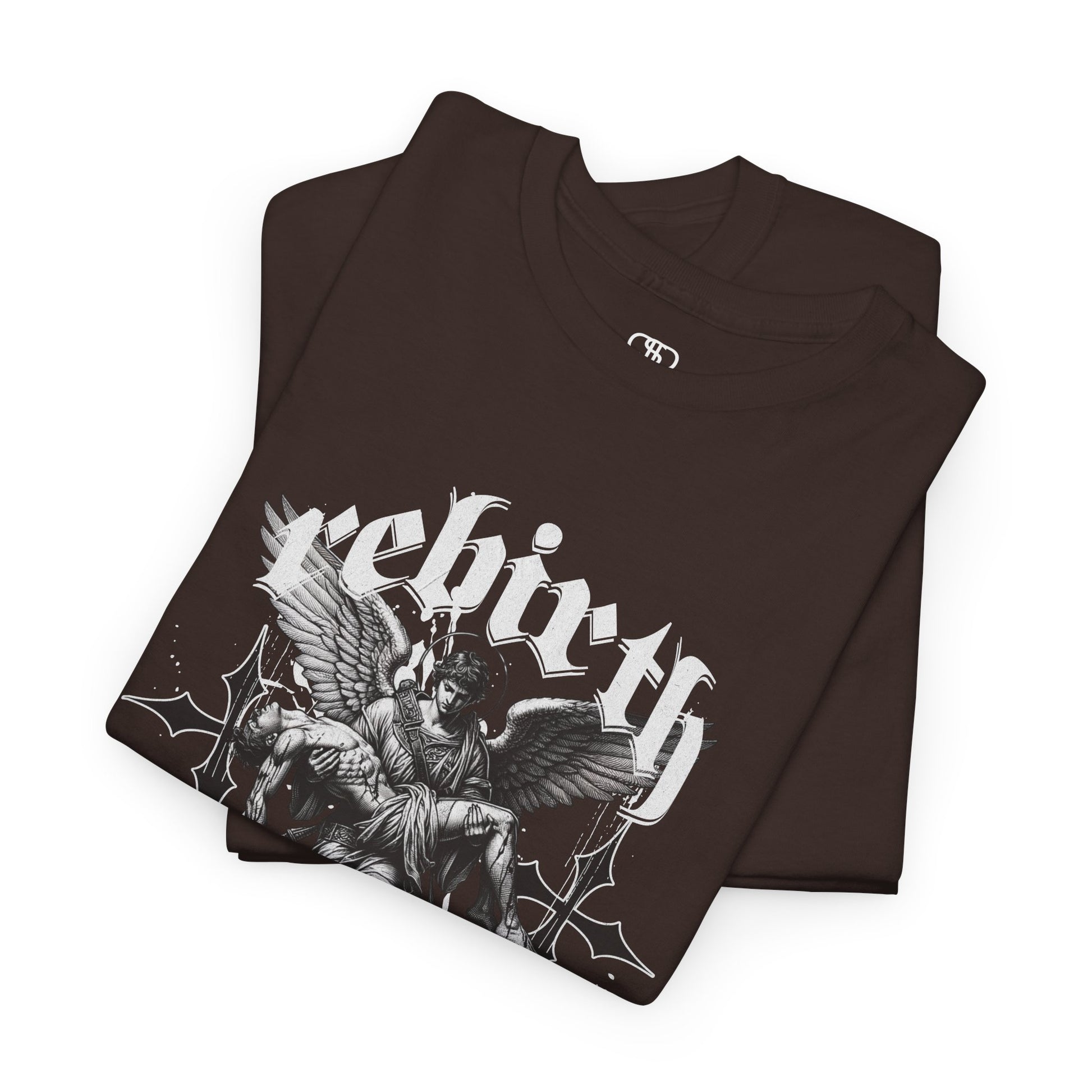 A folded dark brown T-shirt featuring a Angel carrying a figure with "Rebirth" text, white and black gothic spiritual art t-shirt.