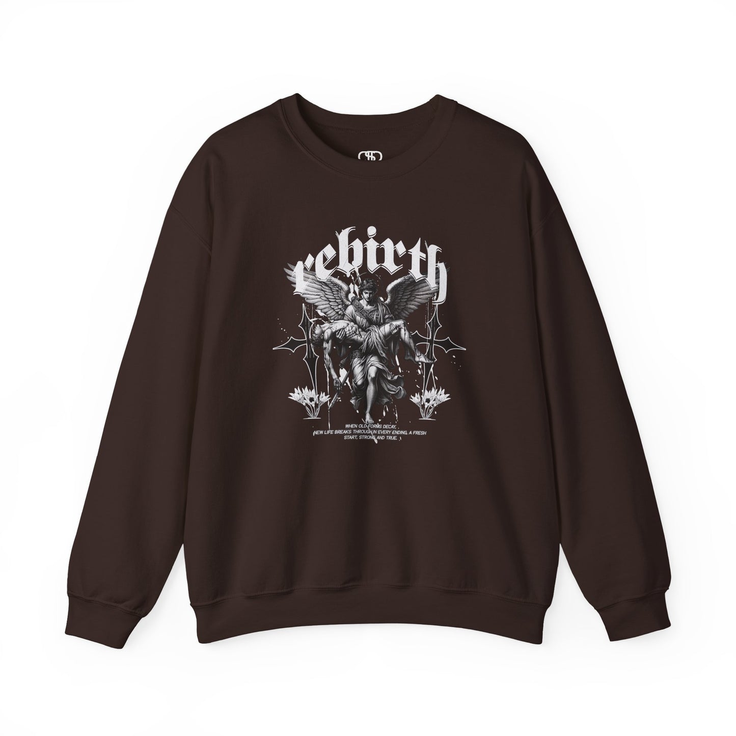 A dark brown Sweater featuring an Angel carrying a figure with "Rebirth" text, white and black gothic spiritual art apparel.