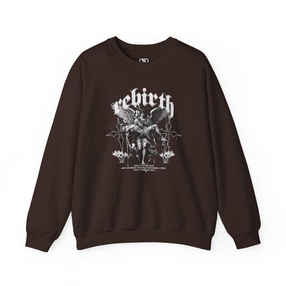 A dark brown Sweater featuring an Angel carrying a figure with "Rebirth" text, white and black gothic spiritual art apparel.